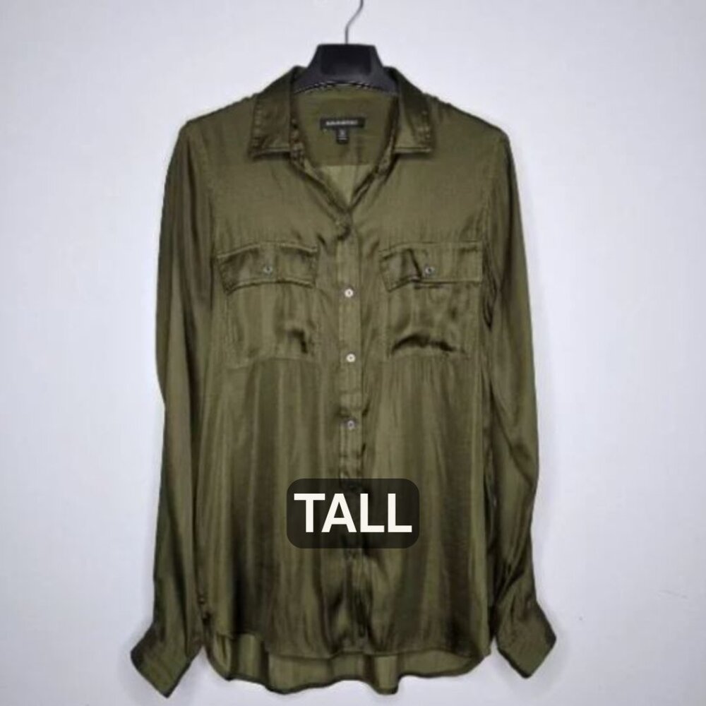 Banana Republic Olive Green Satin Button-Down Shirt M Tall
